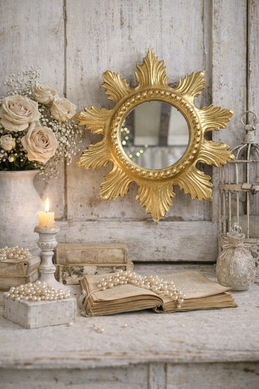 Specchio Rotondo Con Decori Foglia Oro