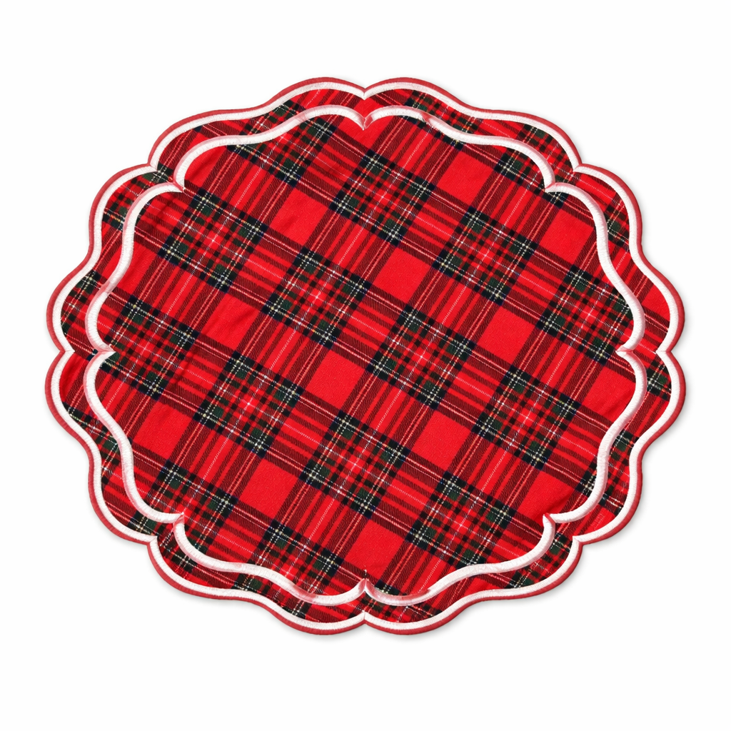 Tovaglietta Rotonda Ricamata Tartan Rosso