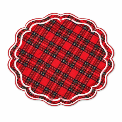 Tovaglietta Rotonda Ricamata Tartan Rosso