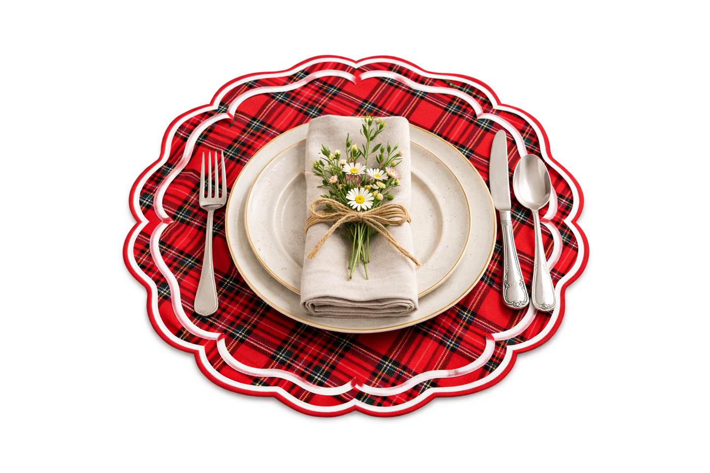 Tovaglietta Rotonda Ricamata Tartan Rosso