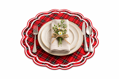 Tovaglietta Rotonda Ricamata Tartan Rosso