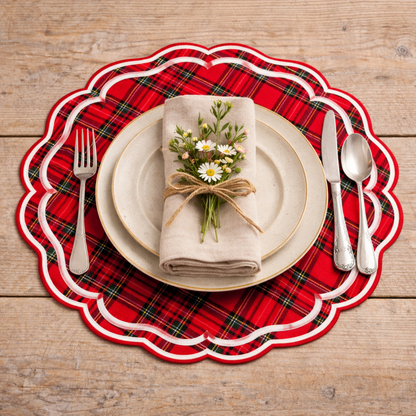 Tovaglietta Rotonda Ricamata Tartan Rosso