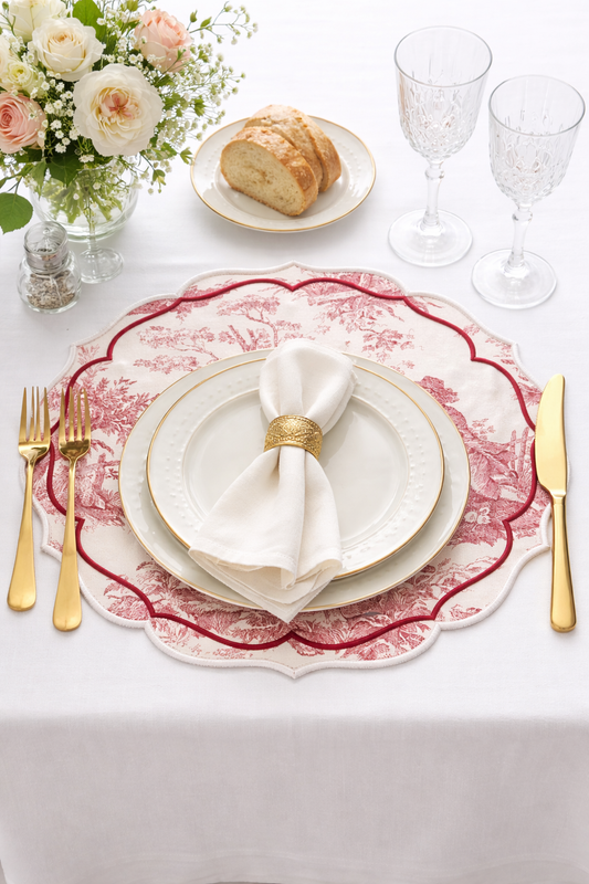 Tovaglietta Rotonda Ricamata Toile de jouy Rosso