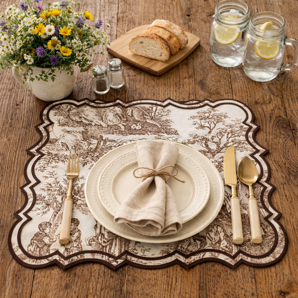 Tovaglietta Quadrata Ricamata Toile de jouy Marrone