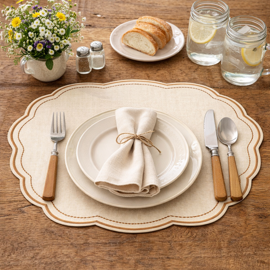 Tovaglietta Ovale Ricamata Doppiata Beige/Cammello Doppiata Idrorepellenti