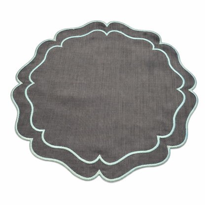 Tovaglietta Rotonda Lino Ricamata Grigio/Turchese