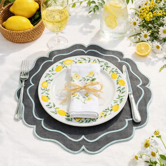 Tovaglietta Rotonda Lino Ricamata Grigio/Turchese