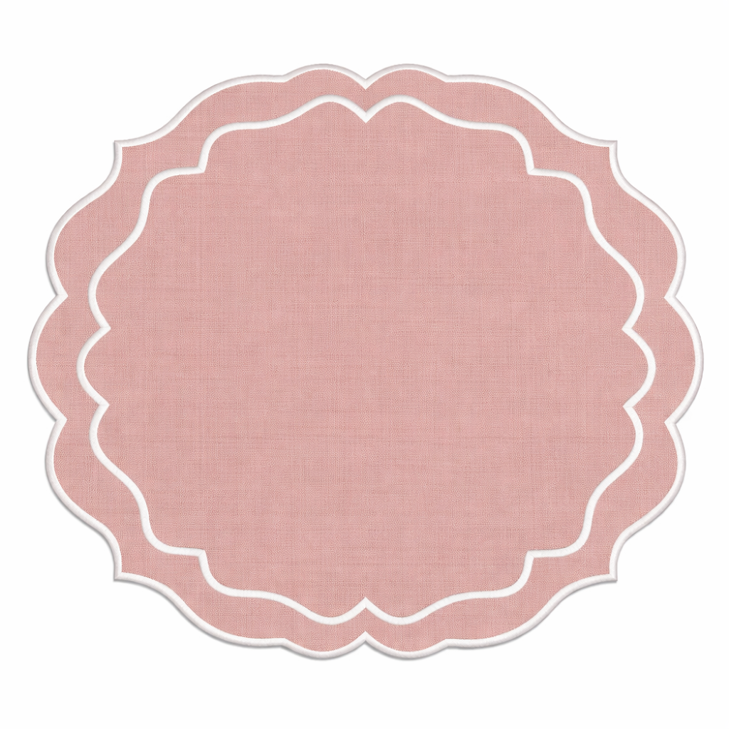 Tovaglietta Rotonda Lino Ricamata Rosa/ Bianco