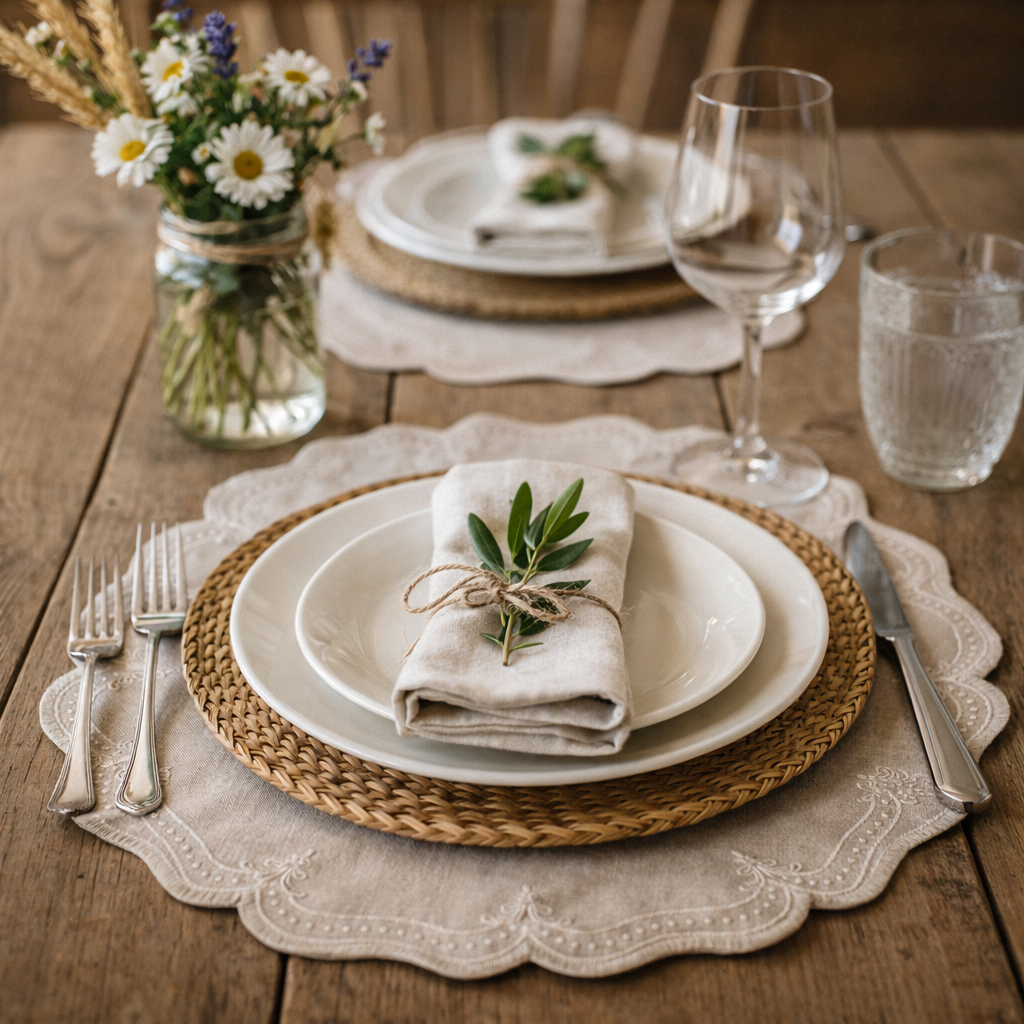 Tovaglietta Rotonda Ricamata Beige/ Bianco