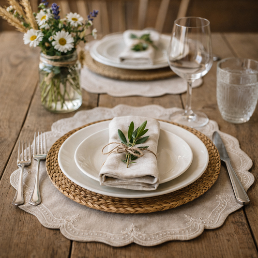 Tovaglietta Rotonda Ricamata Beige/ Bianco
