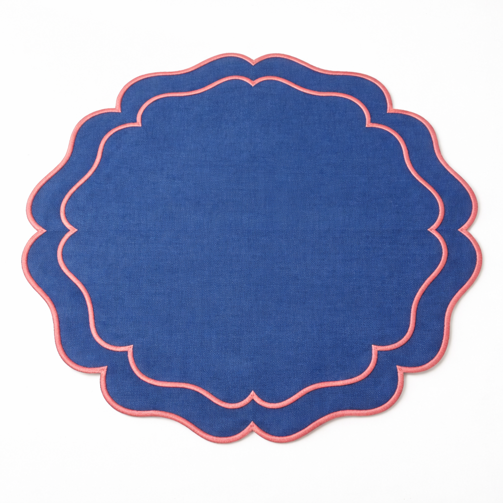 Tovaglietta Rotonda Idrorepellente Ricamata Blu/ Rosa