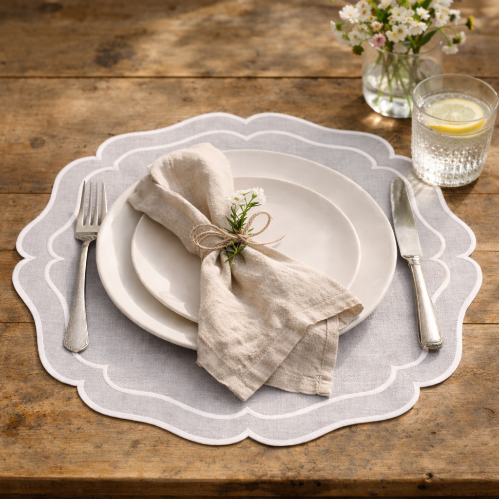 Tovaglietta Rotonda Lino Ricamata Grigio/Bianco