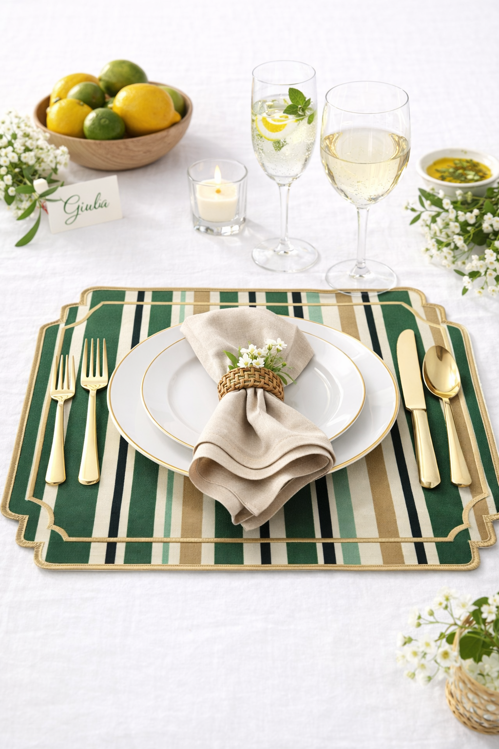 Tovaglietta A Righe Beige/Verde Idrorepellente