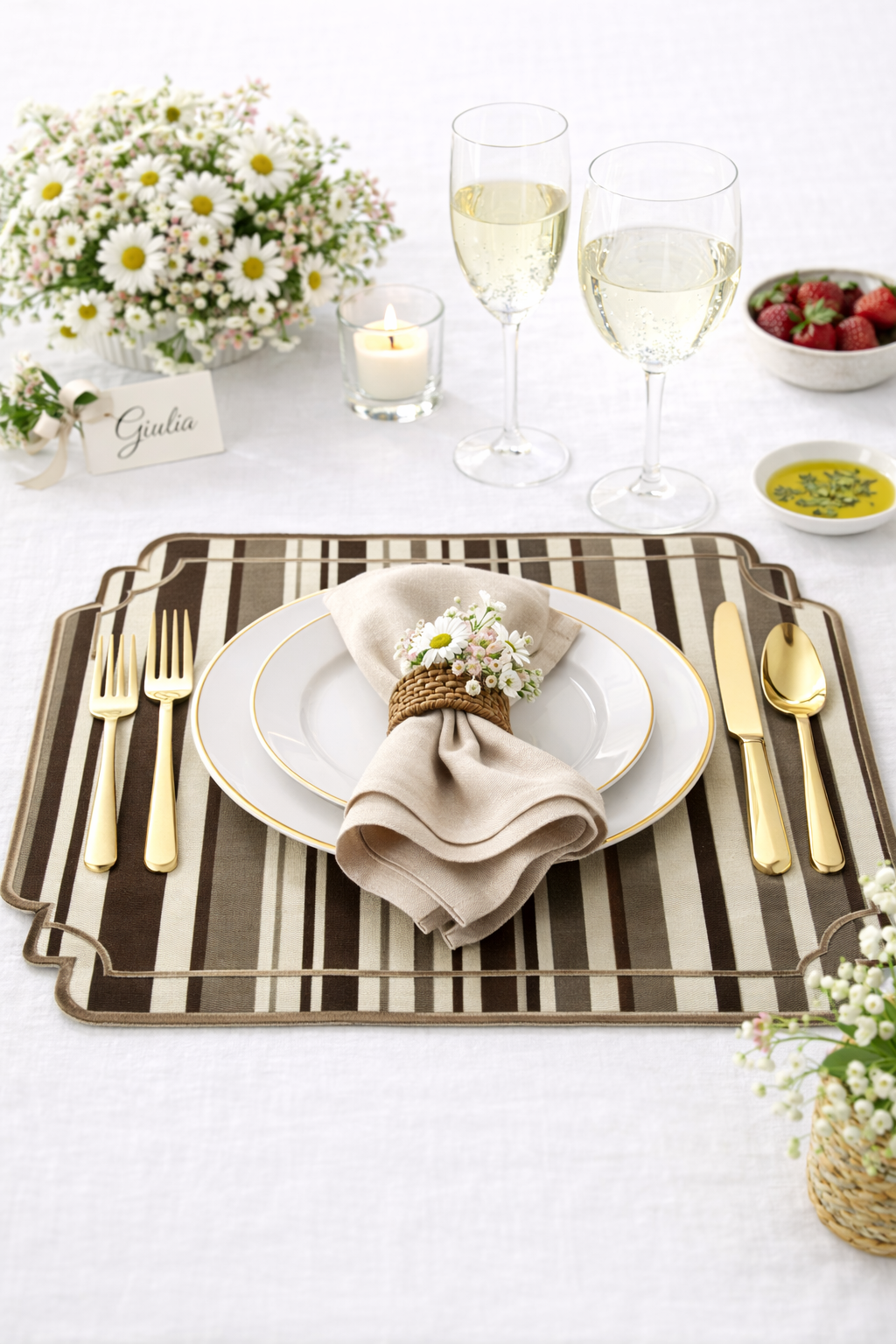 Tovaglietta A Righe Beige/Tortora Idrorepellente