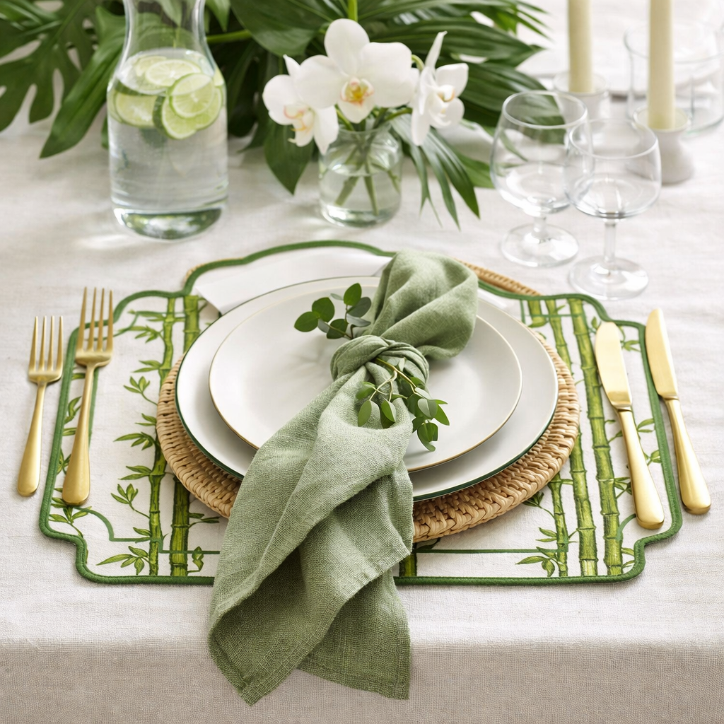 Tovagliette  Ricamate Verde/Avorio Disegno Bamboo Double Idrorepellente