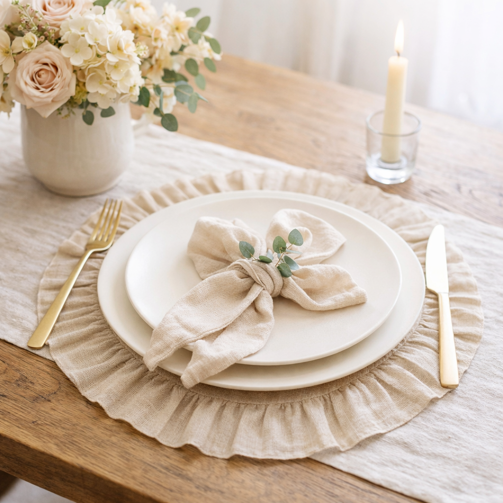 Tovaglietta Beige Melange Lino Rotonda Con Rouches