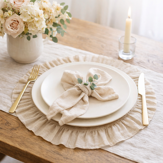 Tovaglietta Beige Melange Lino Rotonda Con Rouches