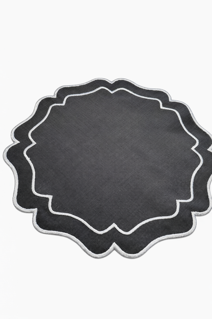 Tovaglietta Rotonda Lino Ricamata Nero/Grigio