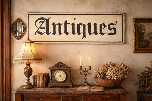 Insegna Scritta "ANTIQUES" Panna Anticato