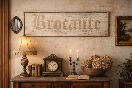 Insegna Scritta "BROCANTE" Avorio/Beige Con Patina Antica