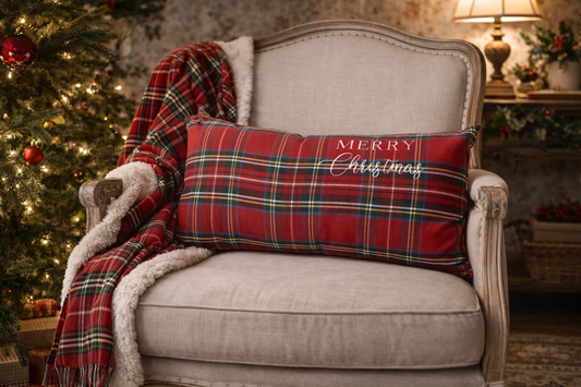 Cuscino Tartan Rosso Rettangolare Con Ricamo Merry Christmas