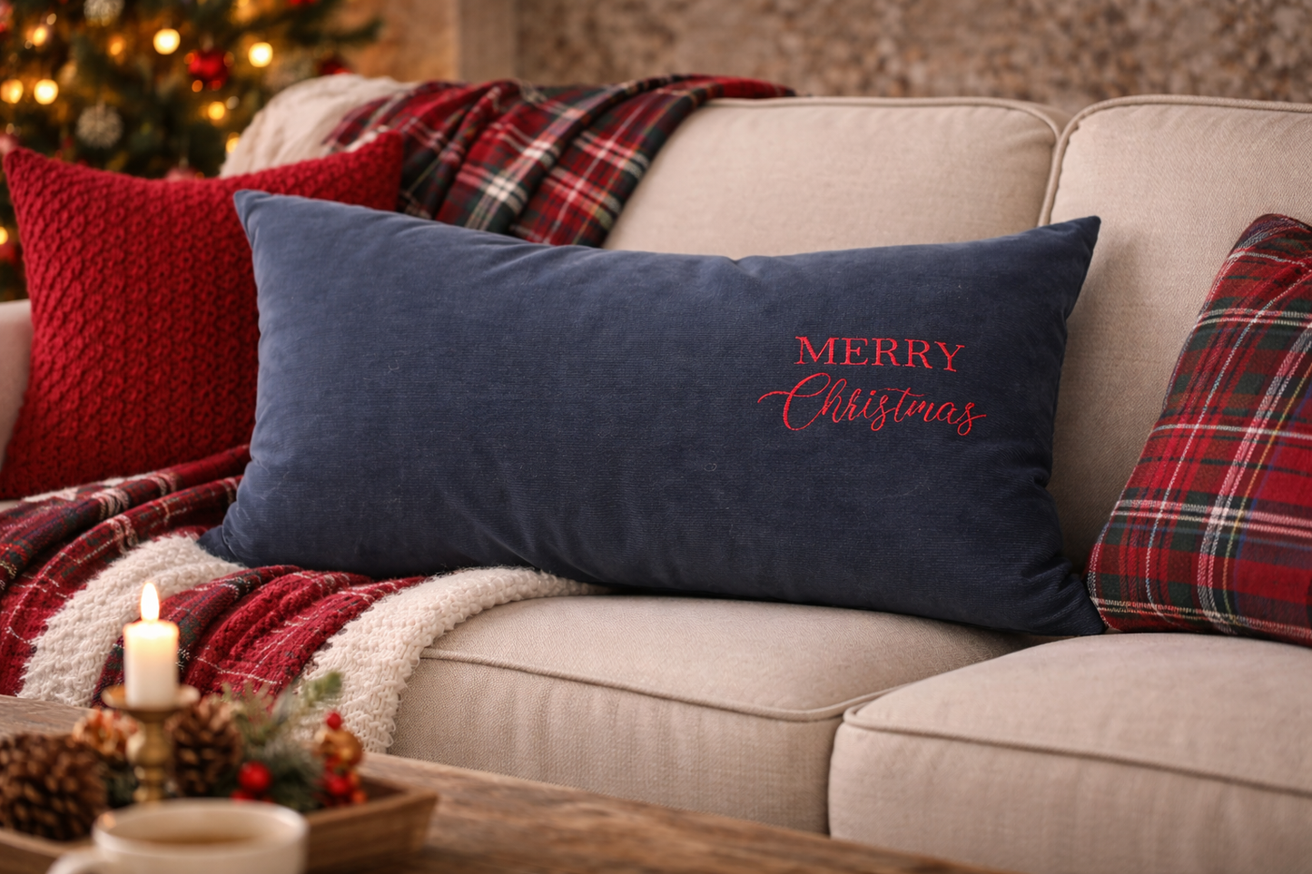 Cuscino Grigio Velluto Rettangolare Con Ricamo Merry Christmas
