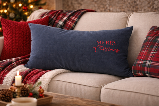 Cuscino Grigio Velluto Rettangolare Con Ricamo Merry Christmas