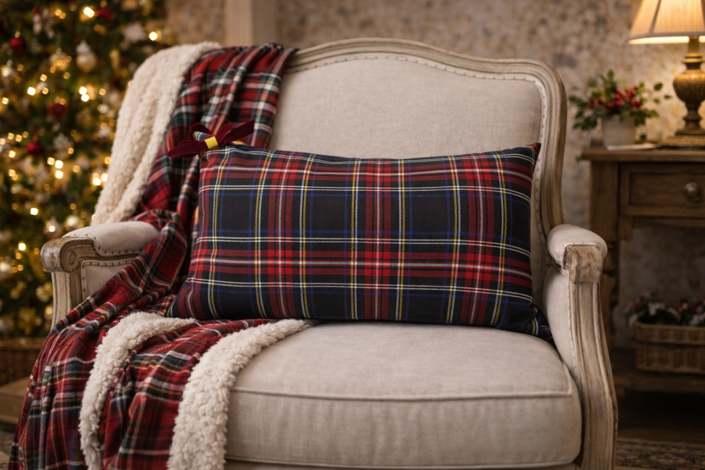 Cuscino Tartan Blu Rettangolare Con Fiocco Velluto