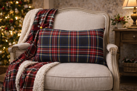 Cuscino Tartan Blu Rettangolare Con Fiocco Velluto