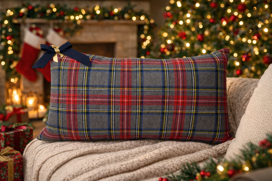 Cuscino Tartan Grigio Rettangolare Con Fiocco Velluto