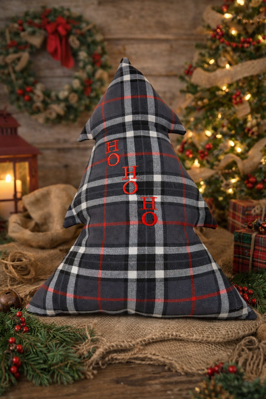 Cuscino Tartan Grigio Albero Natale Ricamato HoHoHo