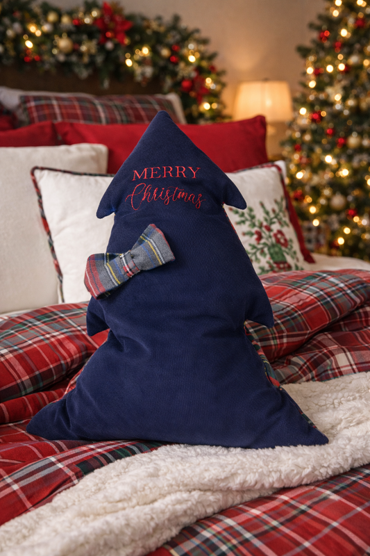 Cuscino Blu Velluto Albero Natale Ricamato Merry Christmas
