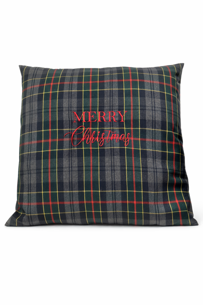 Cuscino Tartan Grigio Scuro Quadrato Con Ricamo Merry Christmas