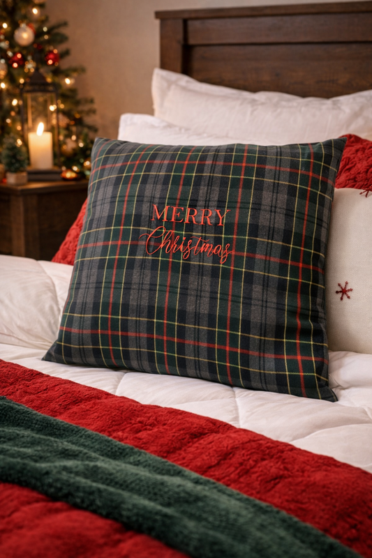 Cuscino Tartan Grigio Scuro Quadrato Con Ricamo Merry Christmas