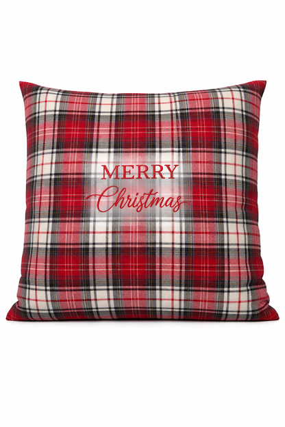 Cuscino Tartan Rosso Quadrato Con Ricamo Merry Christmas