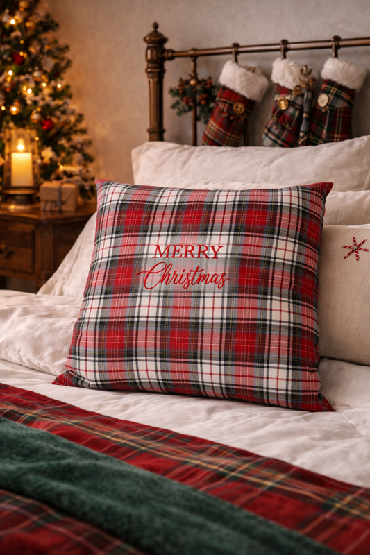 Cuscino Tartan Rosso Quadrato Con Ricamo Merry Christmas