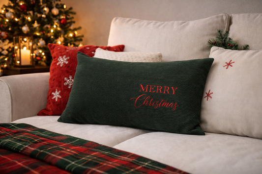 Cuscino Verde Velluto Rettangolare Con Ricamo Merry Christmas