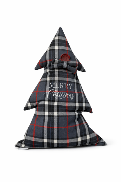 Cuscino Tartan Grigio Albero Natale Ricamato Merry Christmas