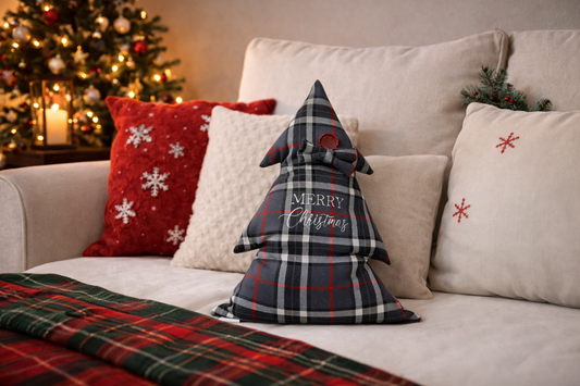 Cuscino Tartan Grigio Albero Natale Ricamato Merry Christmas