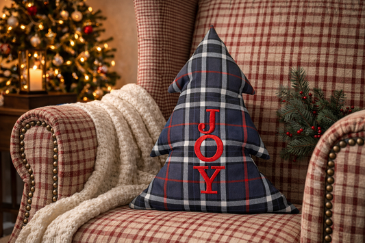 Cuscino Tartan Grigio Albero Natale Ricamato Joy