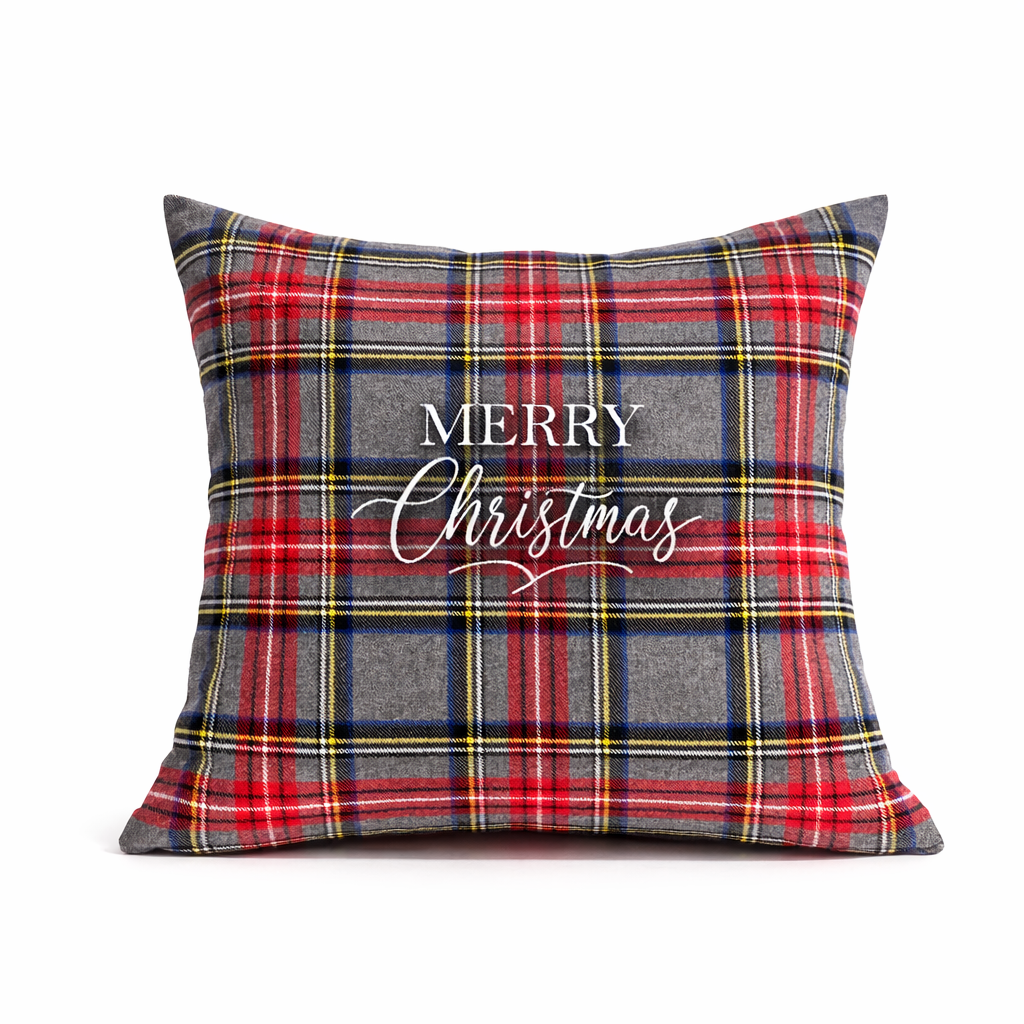 Cuscino Tartan Quadrato Con Ricamo Merry Christmas