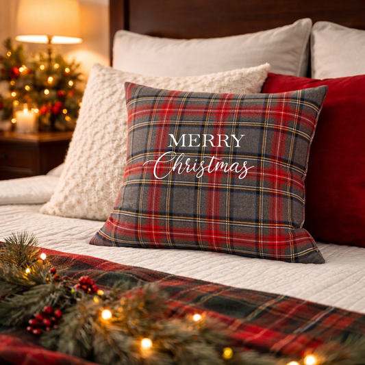Cuscino Tartan Quadrato Con Ricamo Merry Christmas