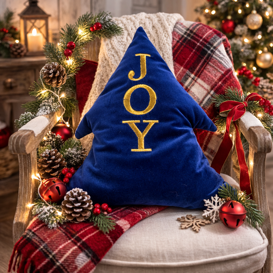 Cuscino Blu Velluto Albero Natale Ricamato Oro Joy