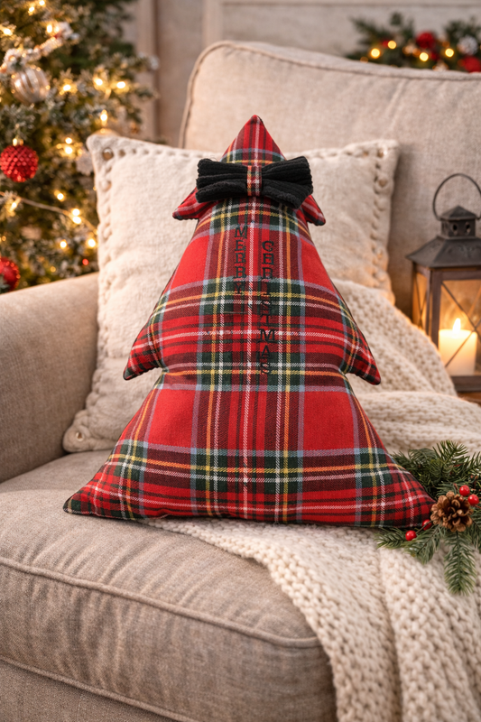 Cuscino Tartan Rosso Albero Natale Ricamato Merry Christmas