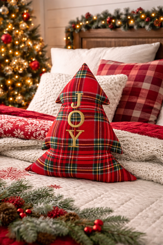 Cuscino Tartan Rosso Albero Natale Ricamato Oro Joy