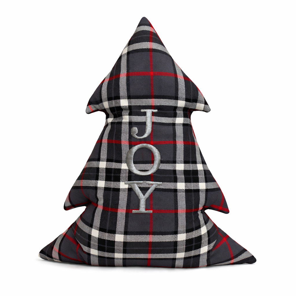 Cuscino Tartan Grigio Albero Natale Ricamato Joy