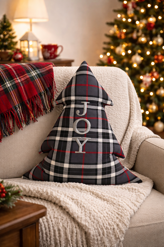 Cuscino Tartan Grigio Albero Natale Ricamato Joy