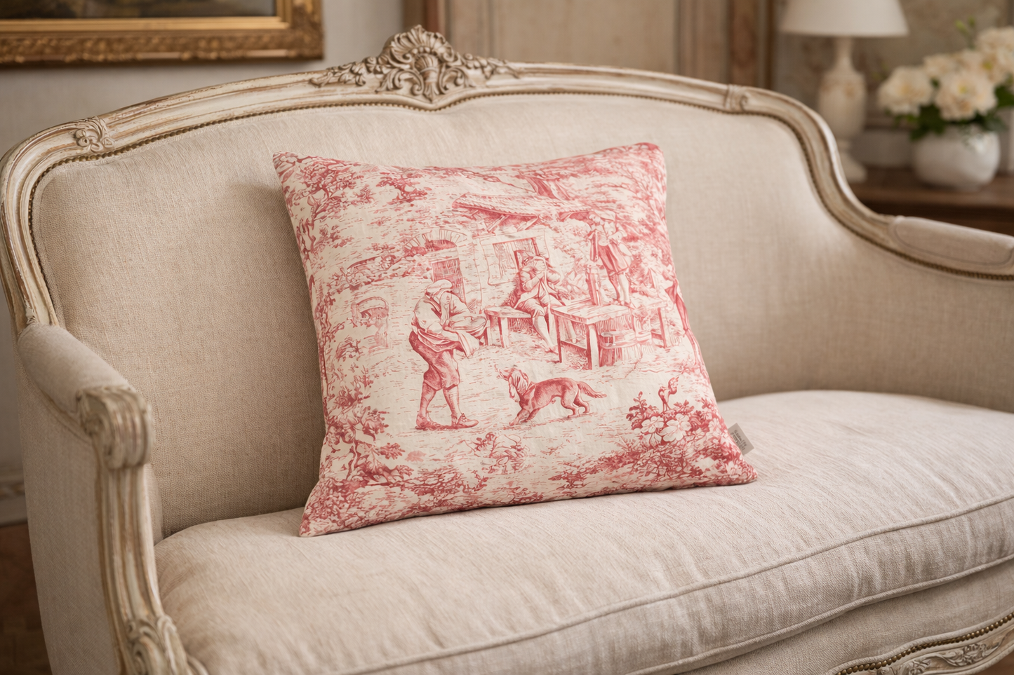 Cuscino In Toile De Jouy Beige e Rosa