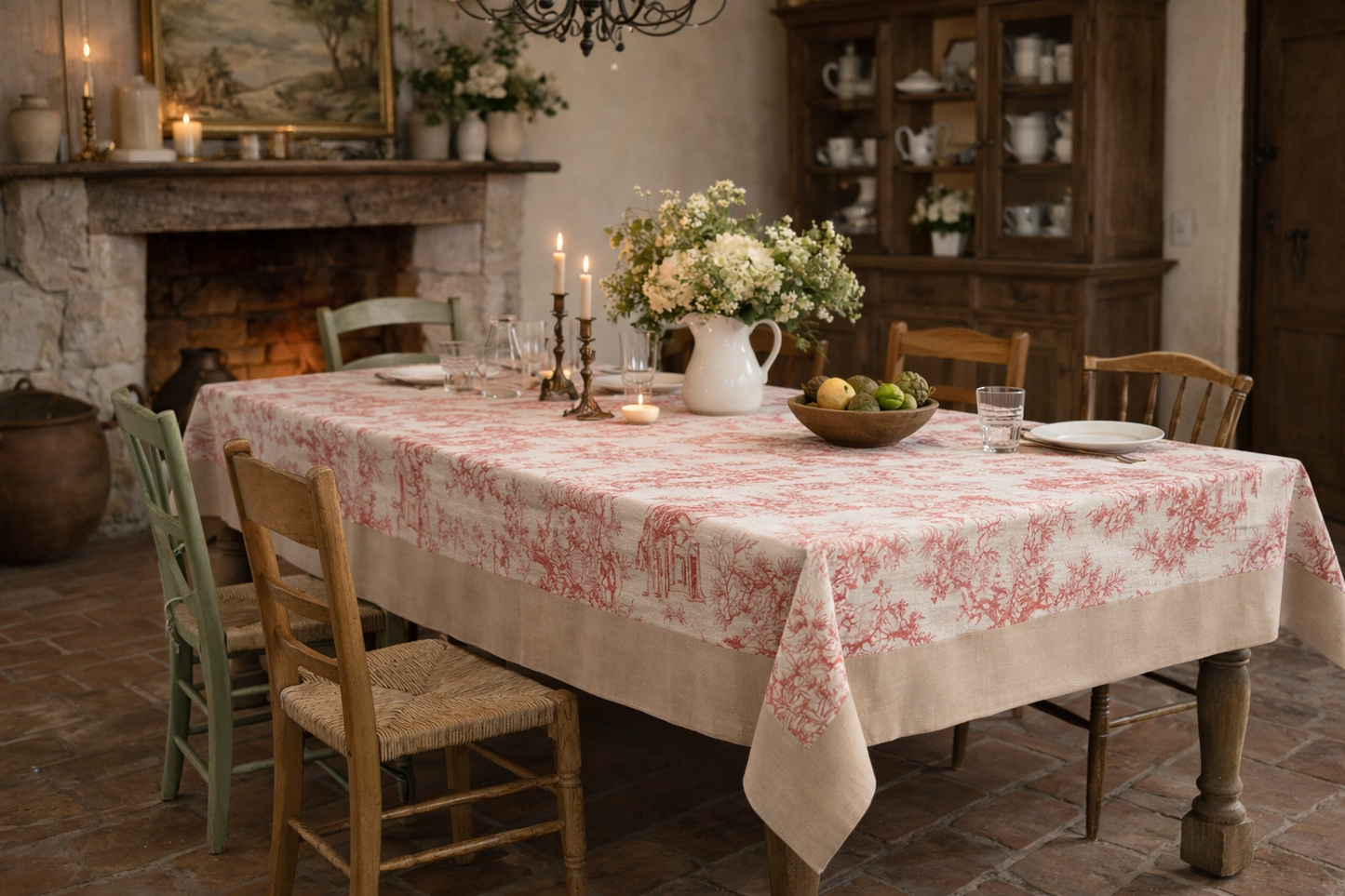 Tovaglia Toile De Jouy Rosa e Beige