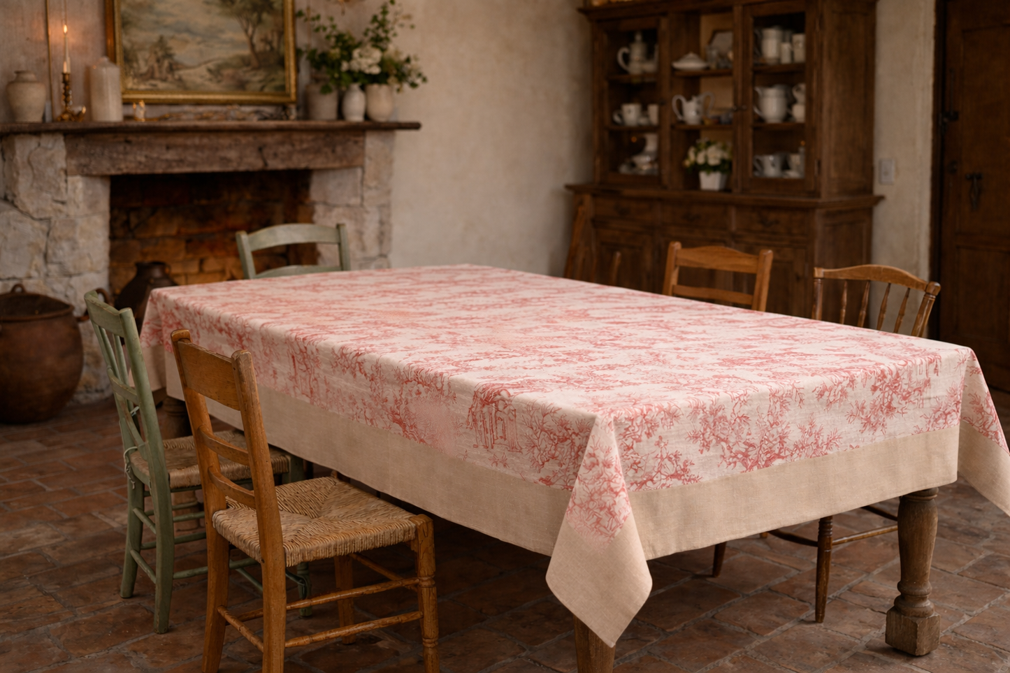 Tovaglia Toile De Jouy Rosa e Beige